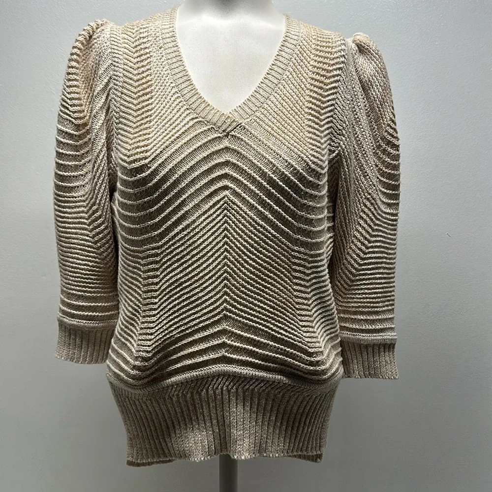 Brochu Walker The Arya Vee Sweater Linen Cotton Puff Sleeve Cream Marle Size XS_3